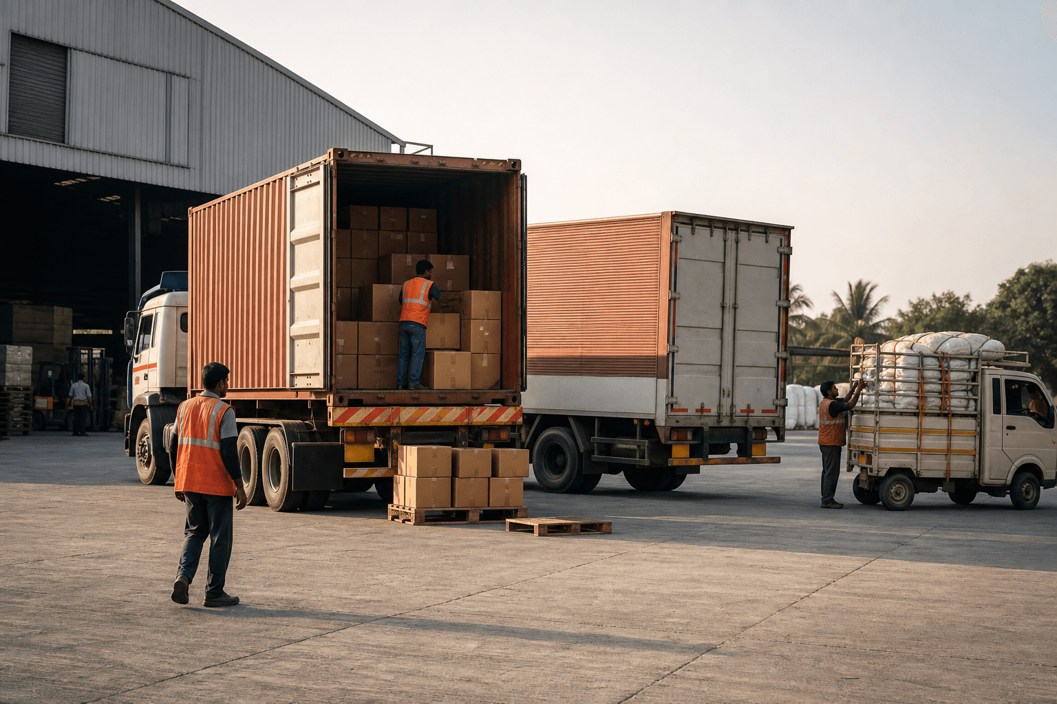 Transport vehicles being prepared at an Indian logistics yard